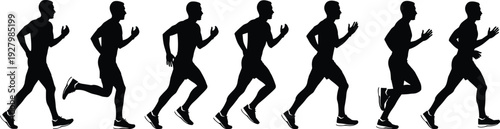 Running man silhouette sequence, athlete sprint motion phases vector illustration isolated on white background sports training concept