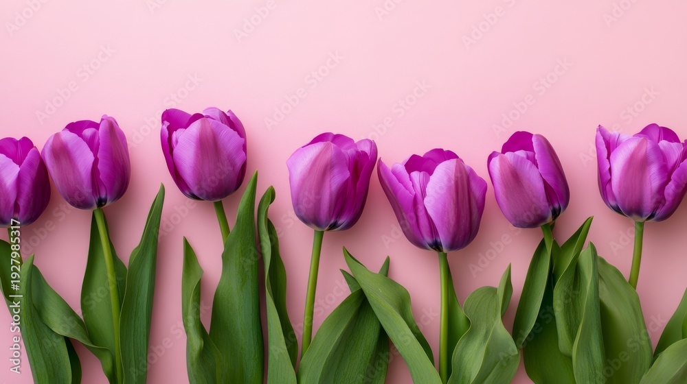 Fototapeta premium Purple tulips arranged neatly on a soft pastel background with space for text and design elements