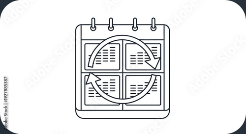Line art icon of a calendar with a circular refresh arrow, symbolizing recurring events or a cycle.