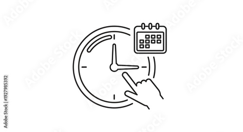 Line art icon depicting time management, scheduling, and appointment setting with a clock, calendar, and pointing hand.