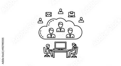 Line art illustration depicting business people collaborating with cloud technology, remote access, and digital communication.