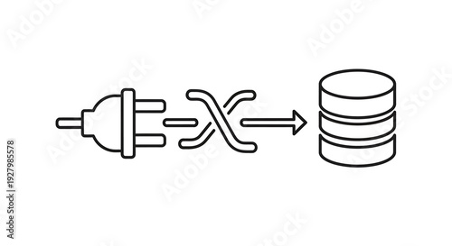 Line art illustration depicting data integration from a plug source through a transformation process to a database storage system.