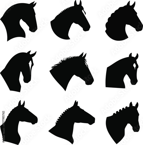 A collection of nine black horse head silhouettes
