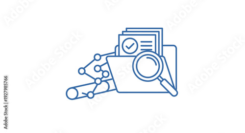Line art illustration of data analysis and document management, featuring an open folder with files, a magnifying glass, and a network structure.
