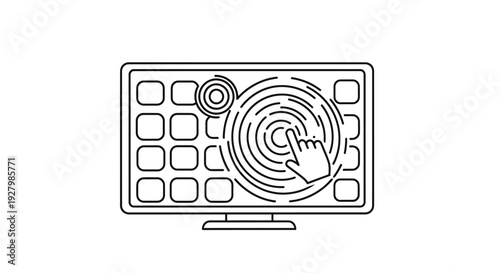Line art illustration of a hand touching an interactive screen with app icons, depicting touch technology.