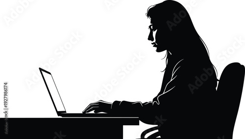 Woman working on laptop silhouette, female freelancer typing at desk isolated on white background vector illustration concept