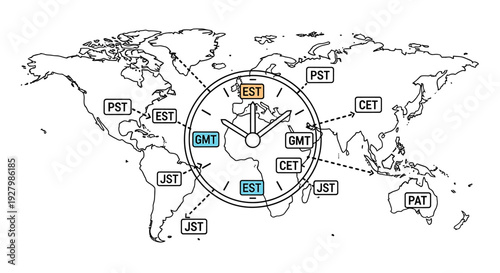 World map illustrating global time zones and their abbreviations with a central clock.
