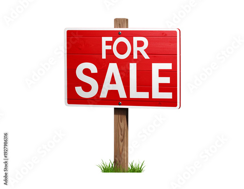 Red 'for sale' sign with white lettering on wooden post in grass, indicating property availability