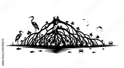 Black and white illustration of mangrove tree with wildlife.