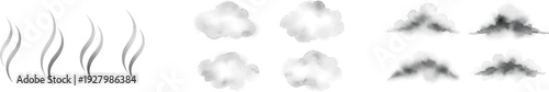 Smoke and steam vector icon collection. Includes thin wavy lines, soft clouds, and dense puffs. Created in grayscale style with black and white palette.