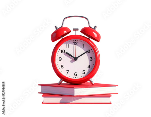 Red vintage alarm clock on a stack of books isolated on a transparent background for decor