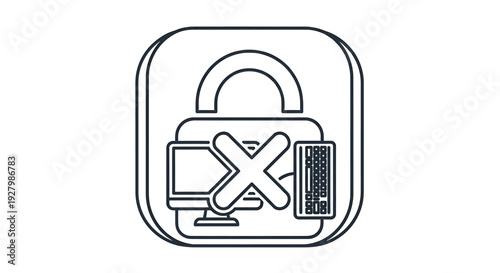 Outline icon depicting a locked computer with a cross, symbolizing blocked access or security.