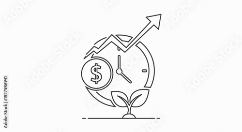 Line art illustration depicting financial growth and investment over time with a clock, dollar sign, growing plant, and upward arrow.