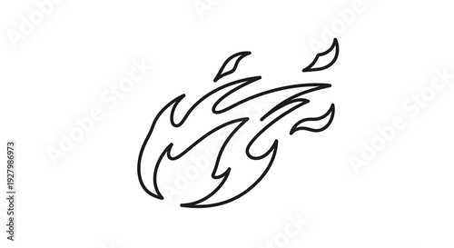 A dynamic black outline drawing of stylized flames or a fiery comet against a white background.