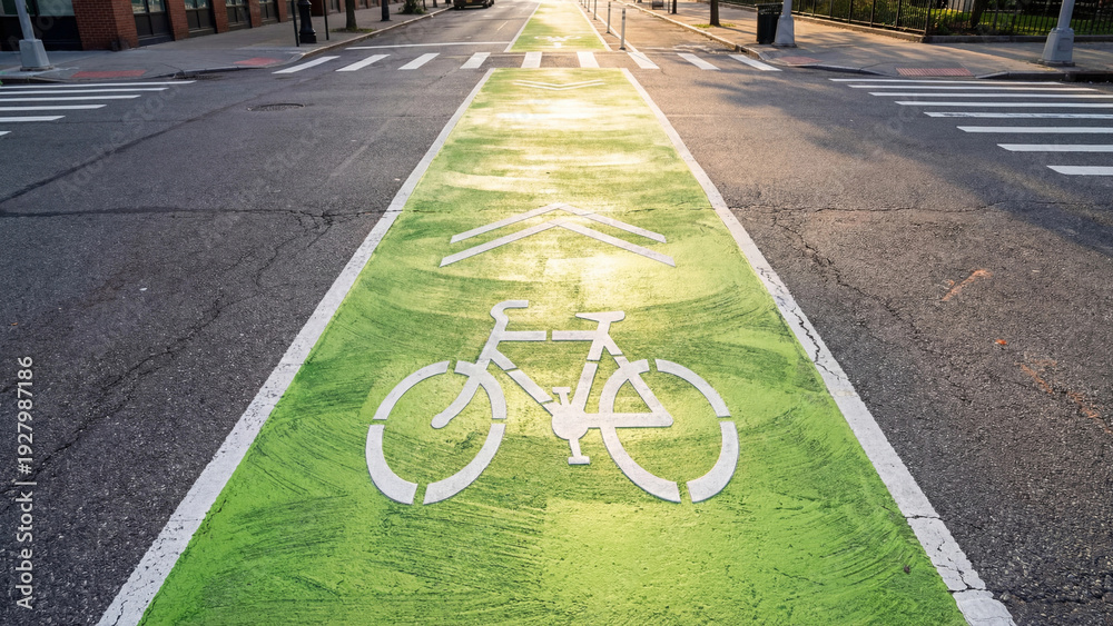 Obraz premium Green painted bike lane with arrow symbol on urban street 