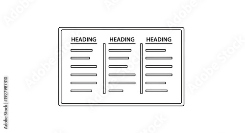 A simple black and white illustration of a three-column information display board with headings and text lines.