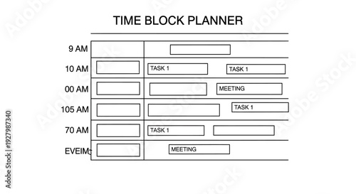 Time block planner template showing scheduled tasks and meetings for daily organization.