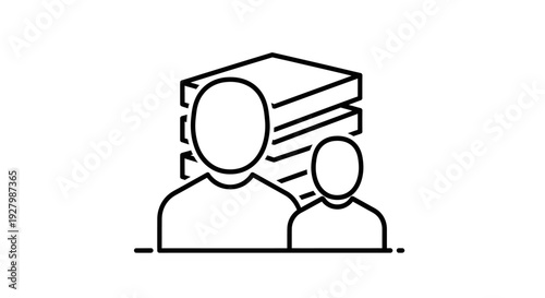A line art icon depicting two people, one adult and one child, with a stack of books or data in the background, symbolizing education, learning, or family data management.