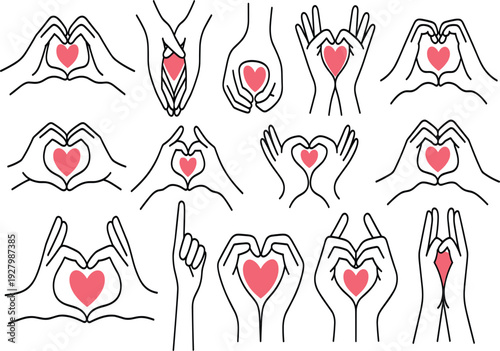 Collection of human hands making heart signs with pink hearts for Valentines day and wedding illustrations