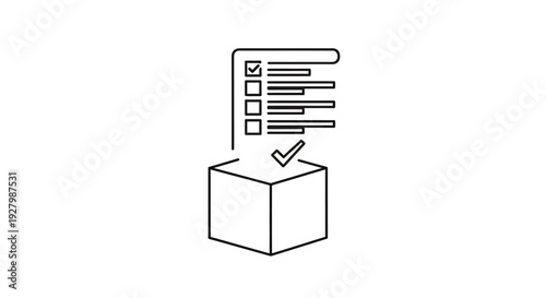Line art icon of a checklist with items checked, being placed into a box, symbolizing order fulfillment or inventory management.