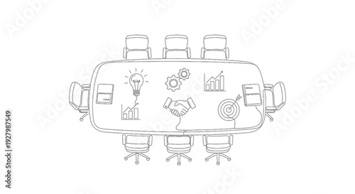 Top-down sketch illustration of a business conference table with various icons representing ideas, strategy, collaboration, and growth.