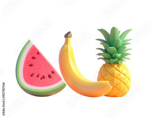 Set of fruit slices including watermelon wedge and whole banana with pineapple for grocery design