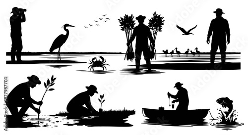 Silhouette illustrations of people engaging in outdoor activities near water.