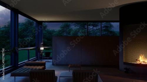 Cozy modern house interior with fireplace and stunning nature view. Perfect for luxury living, winter comfort, relaxation and real estate themes.