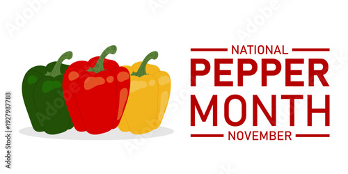 National Pepper Month November celebration banner with green, red and yellow bell peppers. Vector illustration