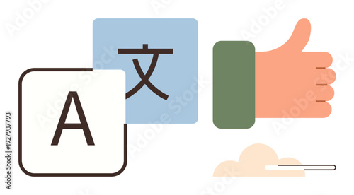 Language learning, translation apps, global communication, approval processes, user interface, education tools. Alphabet and character blocks with thumbs up symbol. Language learning and translation
