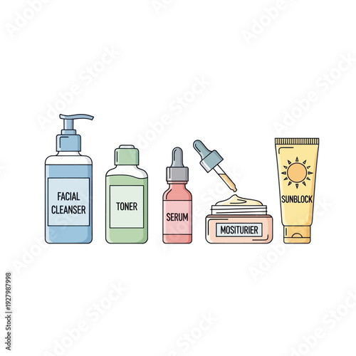 Minimalist illustration of daily facial skincare product routine