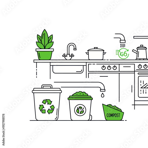 Kitchen counter with recycling and compost bins and houseplant