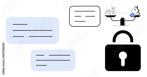 Data security symbols. Data security ed by lock, balance scales, and information exchange. Data security ensures safe financial transactions. Useful for cybersecurity, finance, apps, data protection