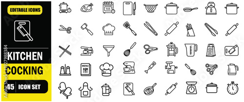 Kitchen & Cooking Outline Icon Set, Culinary Tools, Cooking Utensils, Food Preparation, Chef Equipment, Baking, Kitchen Appliances, Linear Editable Stroke Vector Illustration