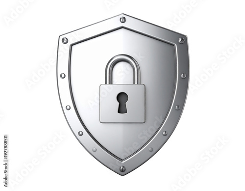 Silver metallic shield with padlock icon center representing digital security and safety protection