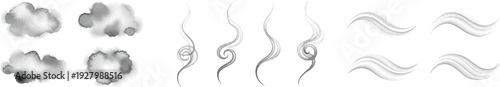 Smoke and steam effect vector collection. Includes four cloud shapes, four vertical swirling lines, and four horizontal wavy lines. Created in a realistic style with a gray and white palette
