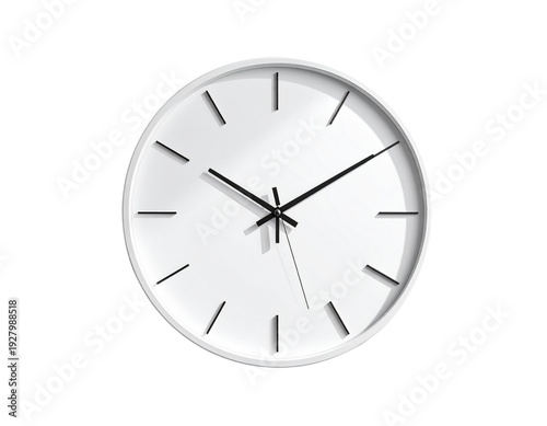 Simple white wall clock with black hands showing time on blank face isolated in minimalistic design