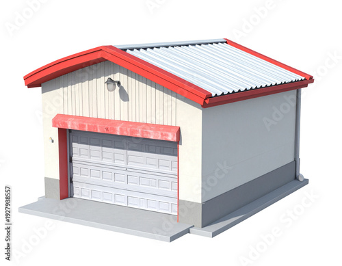 Small detached garage building with red roof and white siding isolated on transparent background car