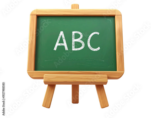 Small green blackboard with abc written on it with chalk on wooden stand or easel