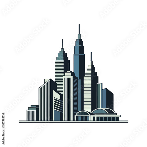 Stylized city skyline with modern skyscrapers and urban architecture