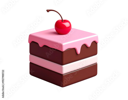 Square chocolate cake with pink frosting, white and pink layers, single red cherry on top