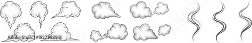 Smoke and steam doodle line art icon collection. Includes various shapes of rising smoke, puff clouds, and wavy steam lines. Created in black and white hand-drawn style with a monochrome palette