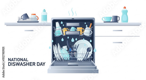 National Dishwasher Day Open Dishwasher with Sparkling Dishes Kitchen Scene Vector Illustration
