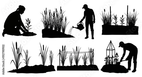Gardening Activities Silhouette Set with Various Planting Stages.