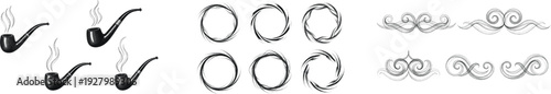 Vintage decorative vector element collection. Includes four black smoking pipes, four round frames, and four ornate scroll dividers. Created in line art style with a gray and black palette
