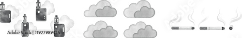 Vaping and smoking line icon collection. Includes vape devices, smoke clouds, and burning cigarettes. Created in a flat gray and white style.