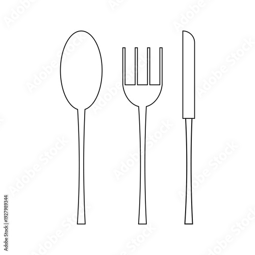 Cutlery serving utensils. Spoon fork knife Vector. Outline kitchen objects. Flat dining ware set.