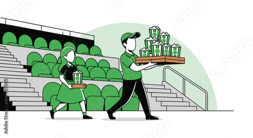 Two stadium vendors, a man and a woman in green uniforms, carry trays of popcorn while walking past empty rows of seats in a large sports arena.