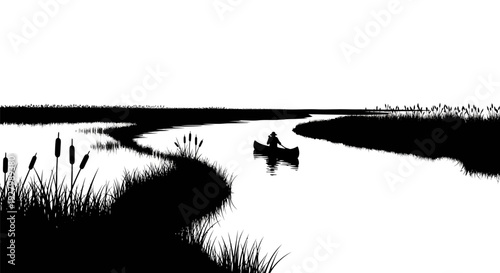 Serene silhouette of a person canoeing through a winding river.