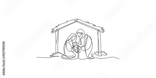 A simple line art illustration depicting the christian nativity scene with mary, joseph, and baby jesus in the stable